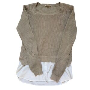 Dalia Womens Layered Look Knit Sweater Taupe Beige White Shirt Hem Medium